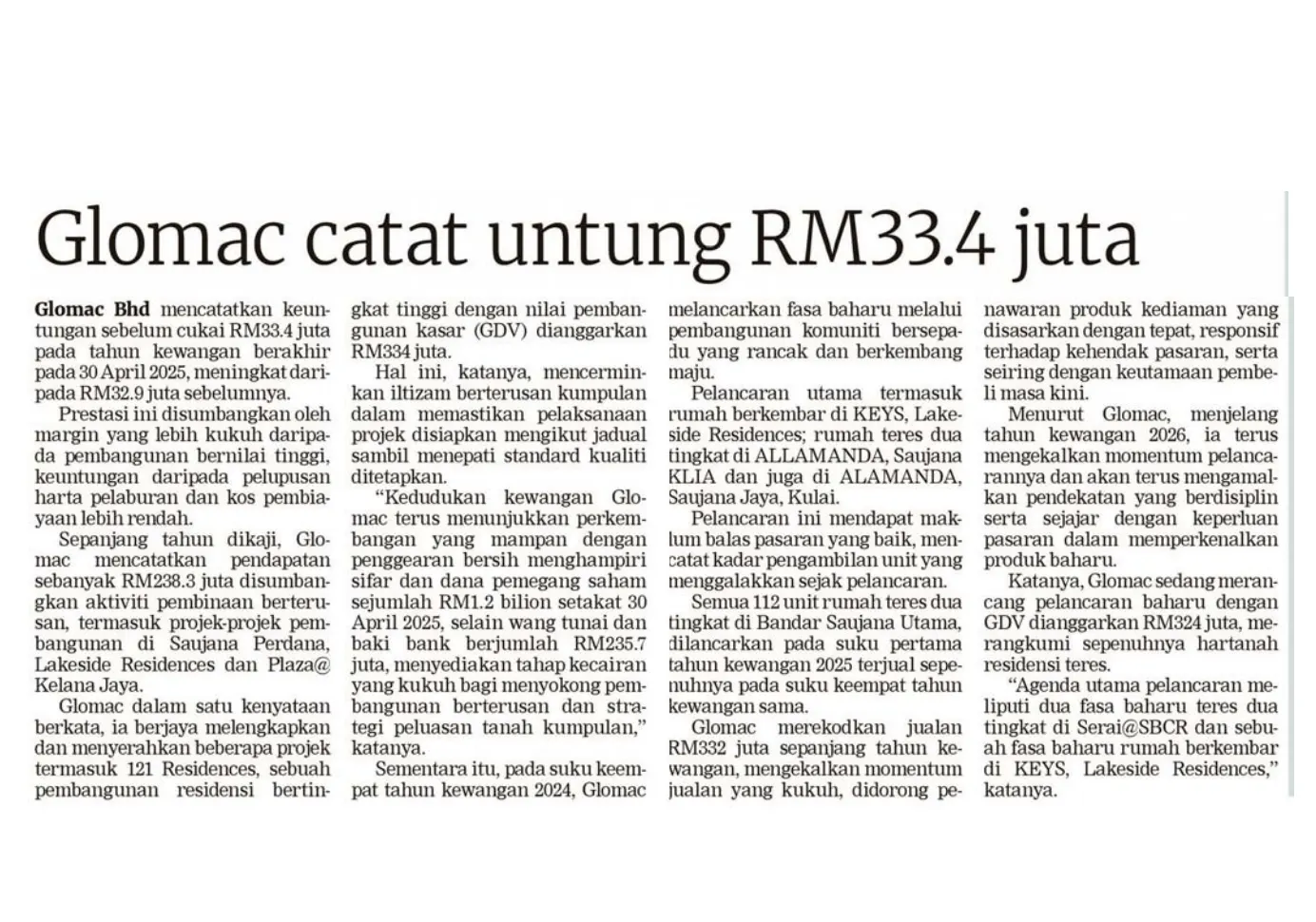 Glomac catat untung RM33.4 juta
