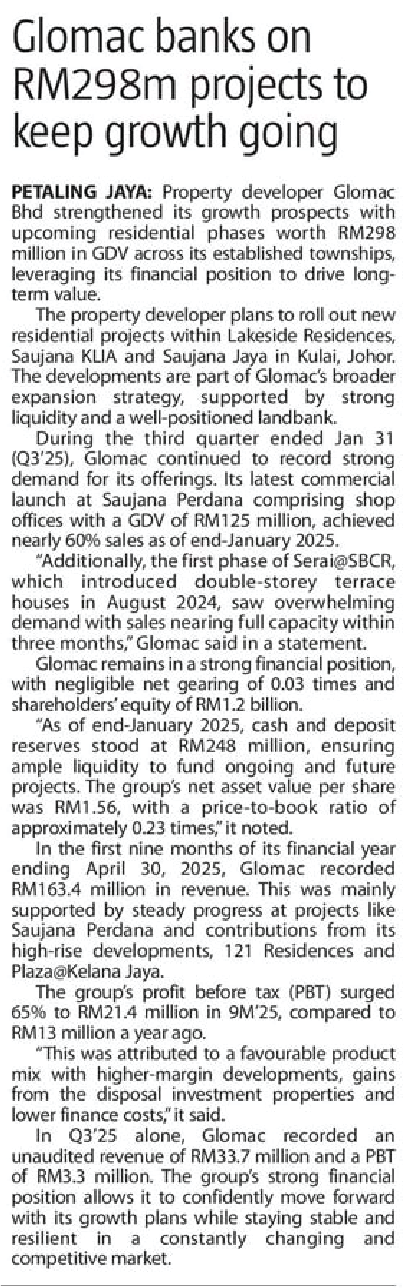 Glomac banks on RM298m projects to keep growth going