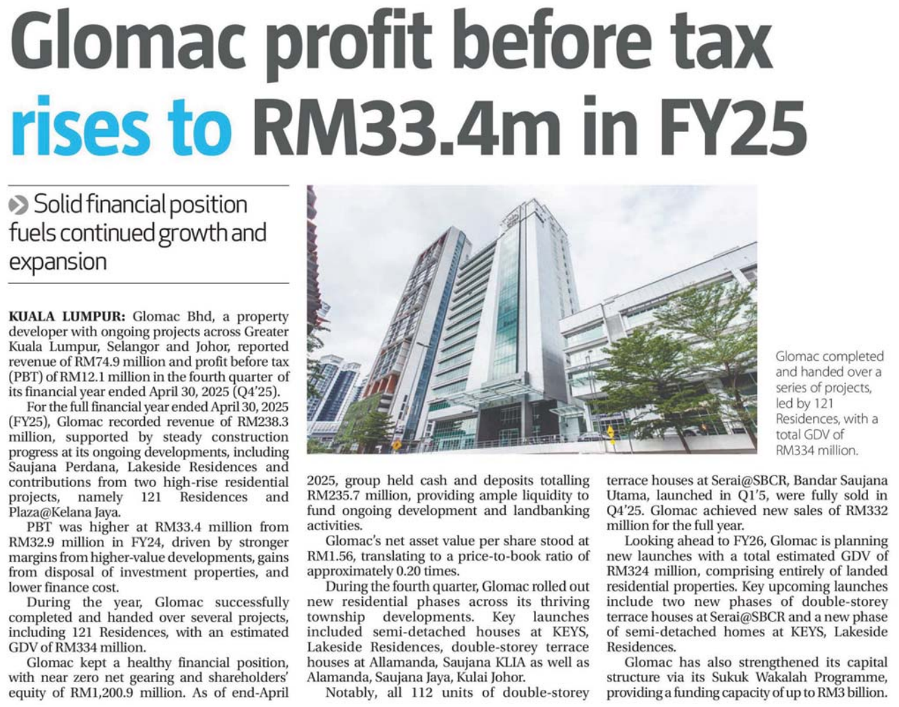 Glomac profit before tax rises to RM33.4m in FY25