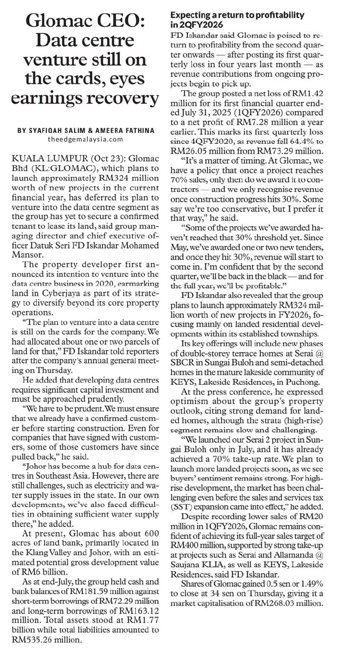 Glomac CEO: Data centre venture still on the cards, eyes earnings recovery