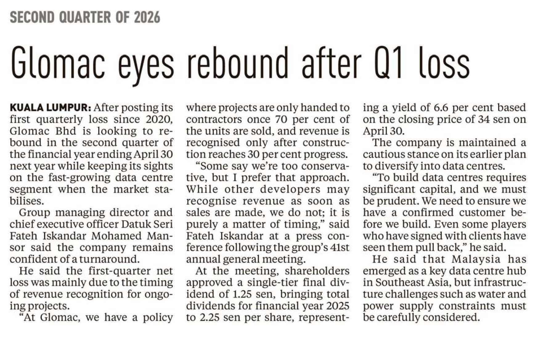 Glomac eyes rebound after Q1 loss