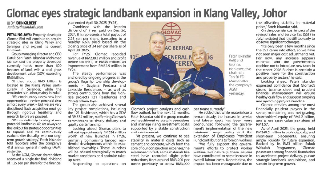 Glomac eyes strategic landbank expansion in Klang Valley, Johor