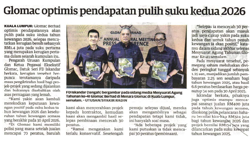 Glomac optimis pendapatan pulih suku kedua 2026