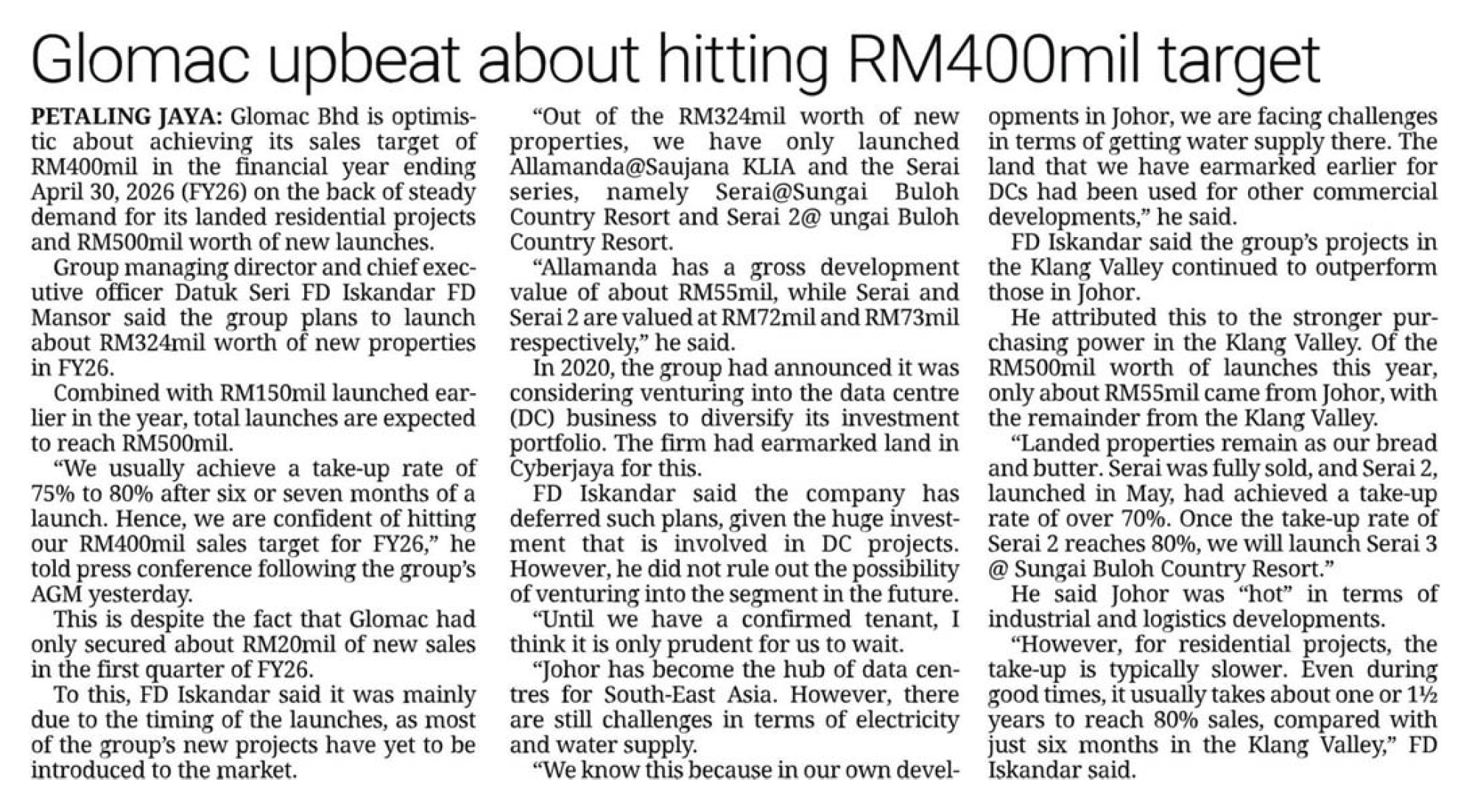 Glomac upbeat about hitting RM400mil target